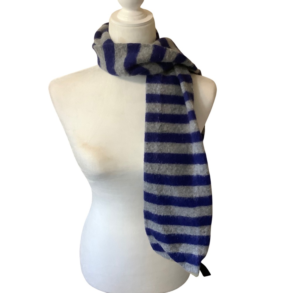Paris Blue Grey Striped Lambswool Angora Blend Knit Scarf Winter 53"x6" Academia